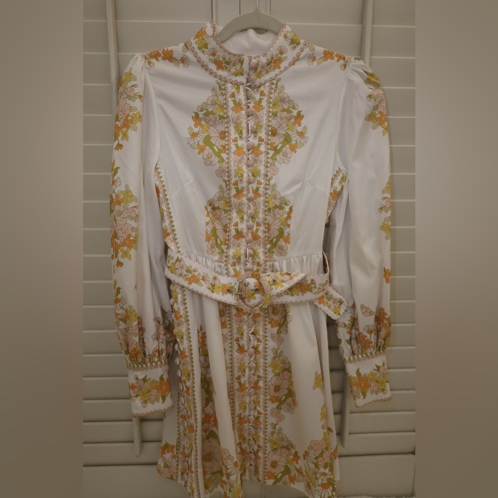 Floral print lantern sleeve button up mini dress with detachable belt